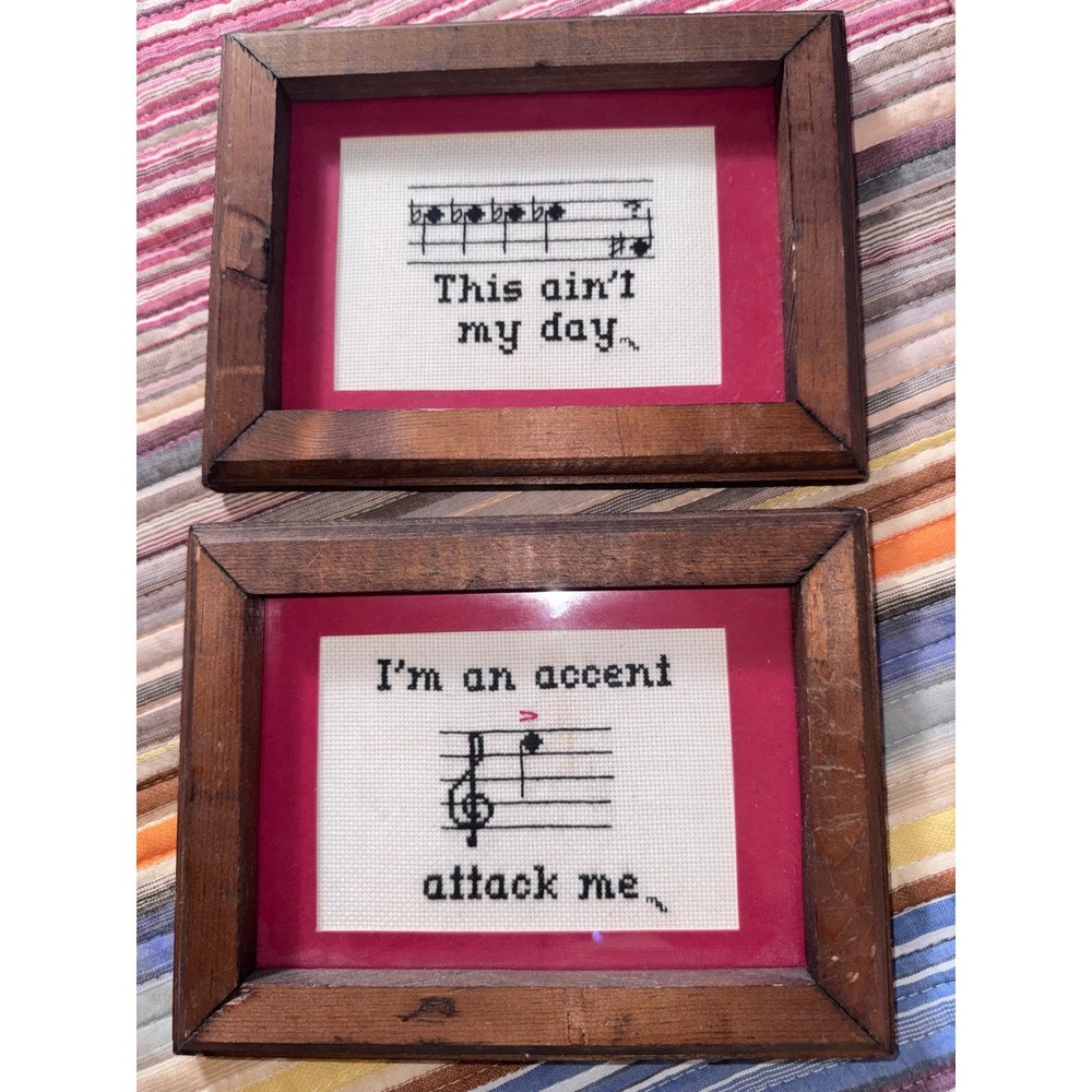 Vintage Music Pun Cross Stitch Framed Art Set This Aint My Day Accent Attack Me